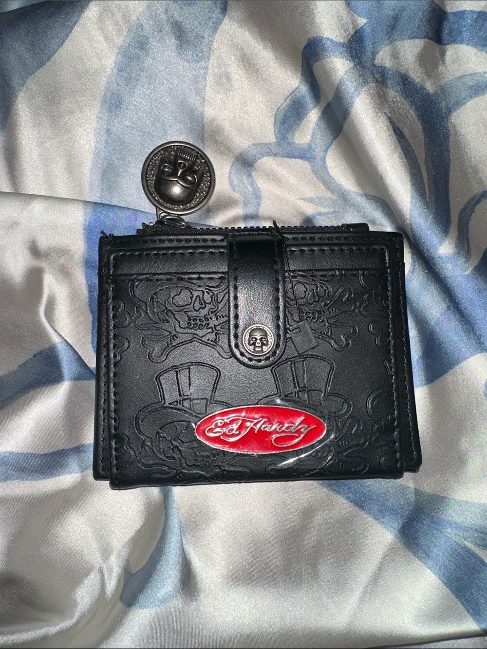 Ed Hardy Black Leather Card Holder with Red Logo Badge